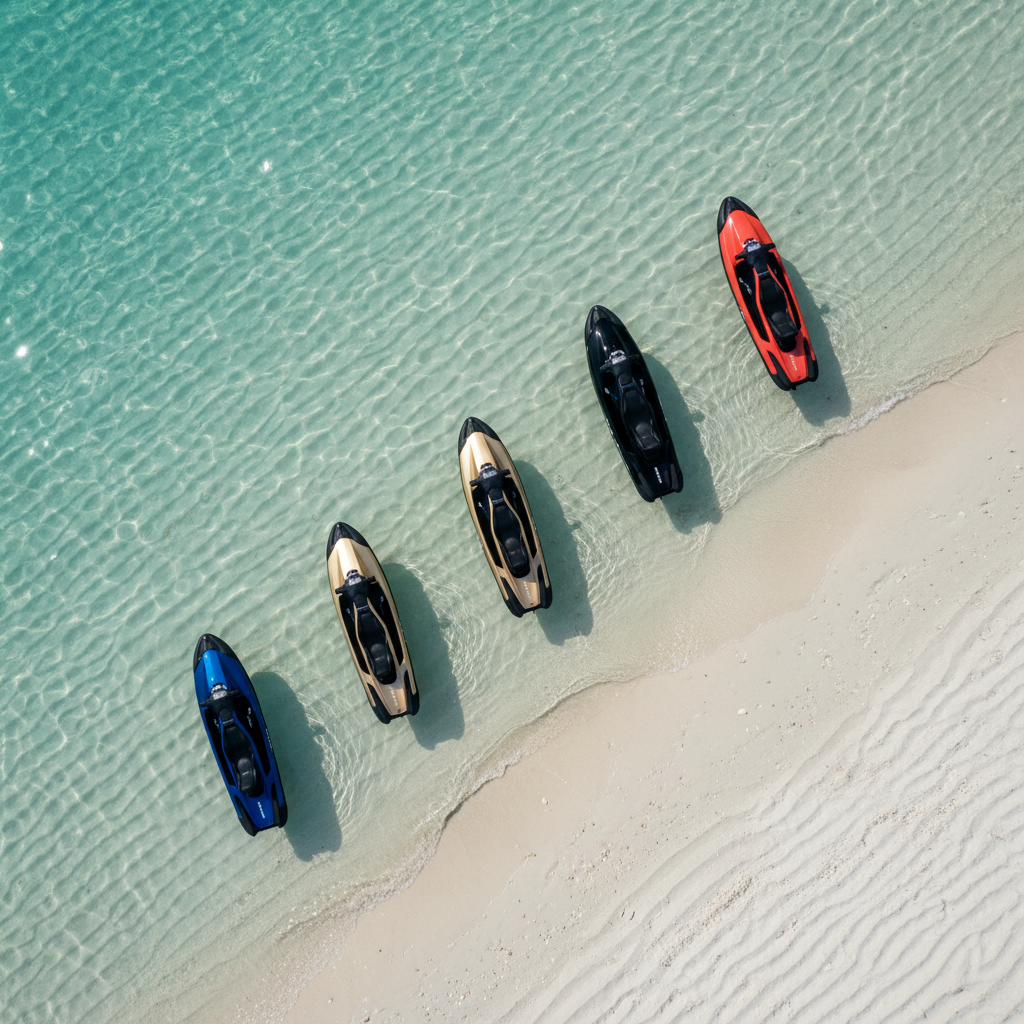 A refined, cinematic overhead photographic realism view of multiple Seabobs arranged in a precise diagonal line floating over a shallow, crystal-clear Florida sandbar. Each Seabob is a different rich, elegant hue—sapphire blue, champagne gold, jet black, and coral red—contrasting with the pale, rippled sand beneath the transparent water. Sunlight from high noon creates intricate, high-contrast caustic patterns and sharp, elegant shadows trailing from each craft. The composition is clean and graphical, with strong lines and negative space emphasizing luxury and choice. The mood is modern, aspirational, and meticulously composed, ideal for a sophisticated rental brand showcasing its premium fleet in a uniquely Floridian setting.