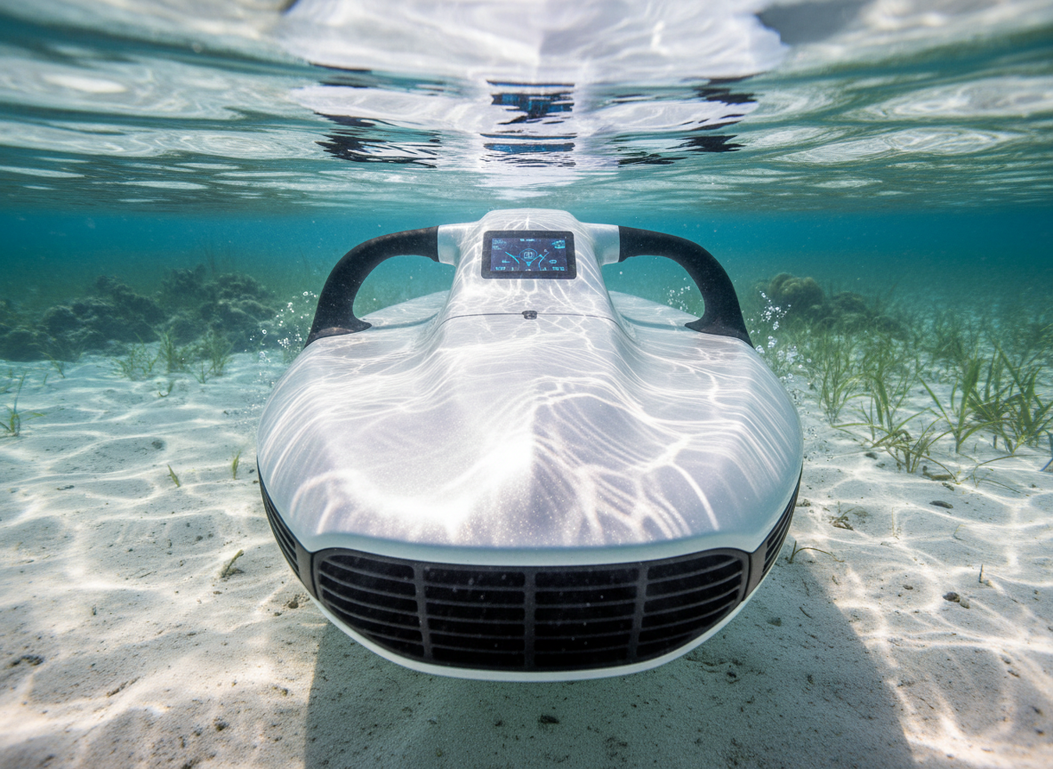 A close-up underwater photographic realism shot of a Seabob’s front intake and control console as it skims just above a rippled, white-sand Florida seabed. The Seabob features a polished white finish with fine metallic flecks, tactile rubberized hand grips, and a small, high-resolution display glowing softly with navigation data. Soft, dappled tropical light filters from above, creating dancing reflections on the sand and gentle highlights on the Seabob’s curves. In the background, muted shapes of sea grass and a distant reef are slightly blurred, achieving a sophisticated, almost minimalist composition from a low, front-facing angle that highlights precision engineering and premium craftsmanship.