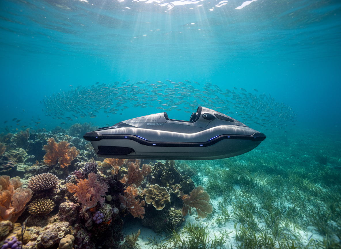 An underwater photographic realism scene off the coast of Florida, centered on a single high-end Seabob in matte graphite gray with subtle blue LED accents, gliding just above a vibrant coral reef. Delicate seafans, brain coral, and swaying sea grass spread across the sandy bottom, while schools of small, silvery fish arc gracefully in the midground. Sunbeams filter down from the surface, creating shimmering shafts of light and intricate caustic patterns on the Seabob’s smooth housing. Captured from a side-on eye-level perspective, with clear, sharp focus throughout, the composition feels serene, cinematic, and sophisticated, showcasing the immersive elegance of an underwater adventure in pristine Florida waters.