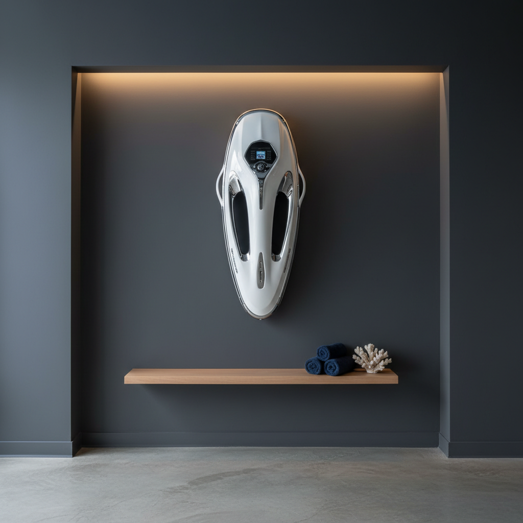 A luxurious interior scene in photographic realism of a minimalist rental office display wall featuring a mounted Seabob in glossy white with refined chrome trim. The Seabob is showcased like a piece of modern art against a matte charcoal wall, with a discreet floating shelf below holding folded navy towels and a small, sculptural coral fragment. Soft, indirect LED strip lighting above creates a halo effect around the Seabob’s silhouette, highlighting its contours and control panel. The polished concrete floor reflects a subtle sheen. Shot straight-on with perfect verticals and balanced composition, the mood is polished, calm, and sophisticated, underscoring the premium nature of the Florida Seabob rental experience.