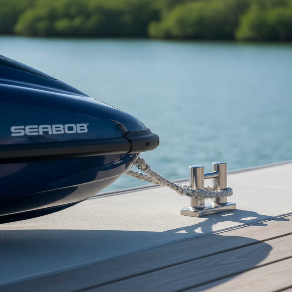 An intimate, dockside detail shot in photographic realism of a single Seabob secured to a polished stainless steel cleat on a private Florida pier. The Seabob’s body is finished in deep navy with subtle satin sheen, its branding embossed with understated elegance. A braided marine rope with visible fibers loops neatly through its attachment point. Early morning light, cool and crisp, casts delicate, elongated shadows across the smooth composite surface and the brushed wood dock planks. Shot from a low, side angle with shallow depth of field, the background becomes a soft blur of calm water and distant mangroves, creating a composed, sophisticated atmosphere suggesting readiness for a bespoke underwater excursion.